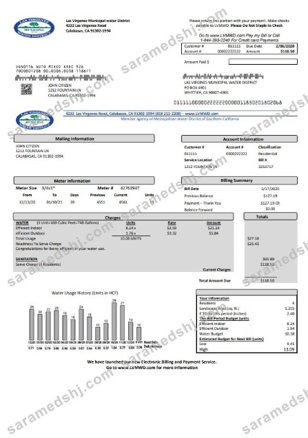 USA California Las Virgenes Municipal Water District utility bill template in Word and PDF format
